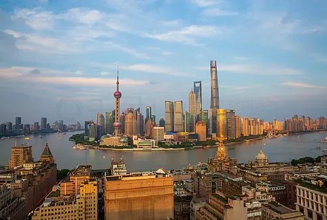 中国上海外滩陆家嘴城市天际线日落全景航拍